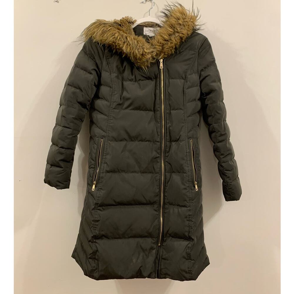Cole Haann quilted down-fill jacket in green with faux fur hood - medium